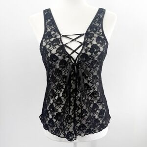 Vintage Y2K Lace-Up Sheer Floral Lace Top in Black Size Large Witchy Whimsygoth